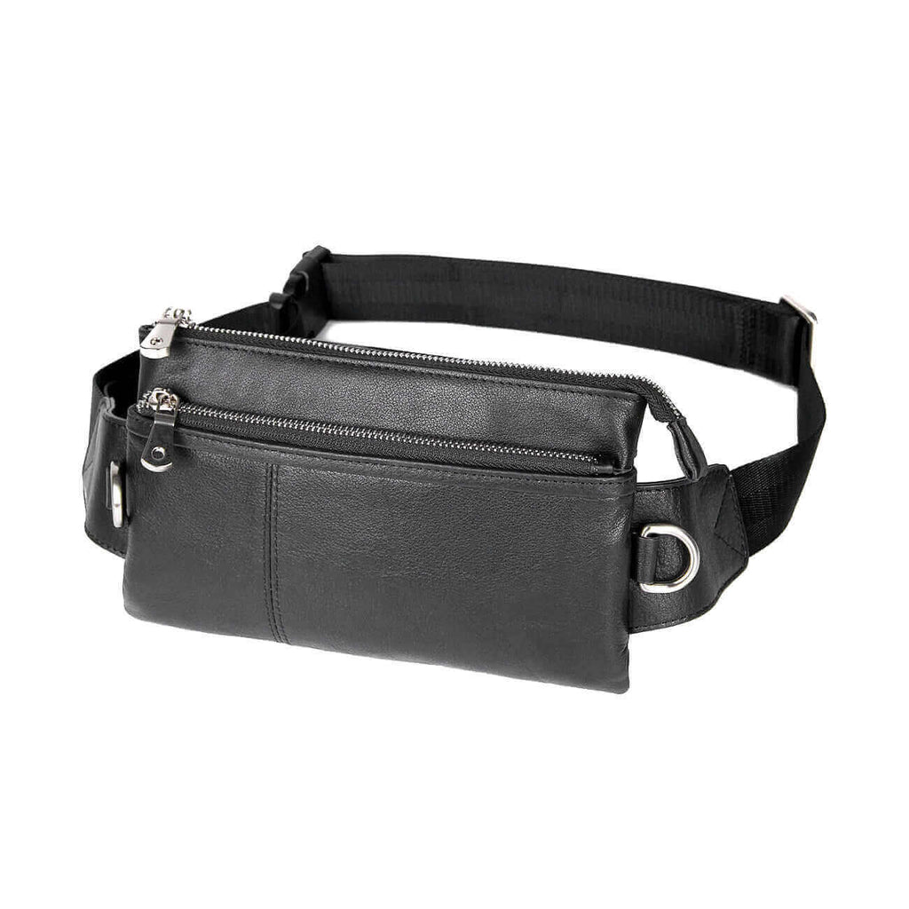 Black leather bum bag with versatile carrying options in NZ.