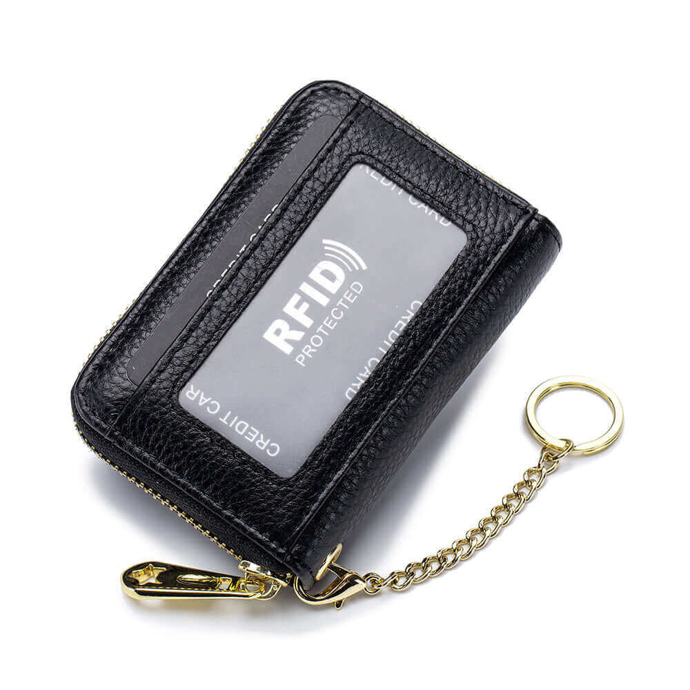 Black leather card holder wallet with RFID blocking.