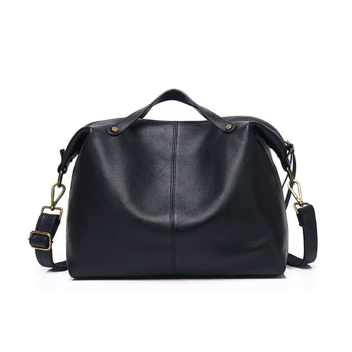 Back side of black leather handbag with clean silhouette