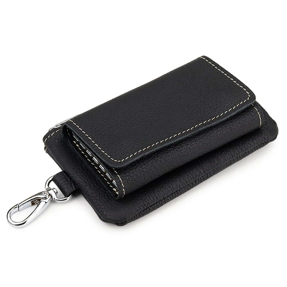 Black key holder wallet with snap and zipper closure