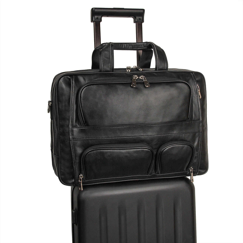 Black leather laptop bag for men, 17-inch capacity, professional briefcase.