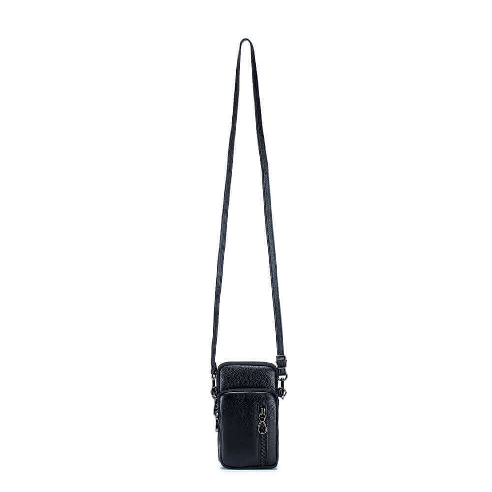 Black leather crossbody phone bag with long adjustable strap, perfect for casual outings.