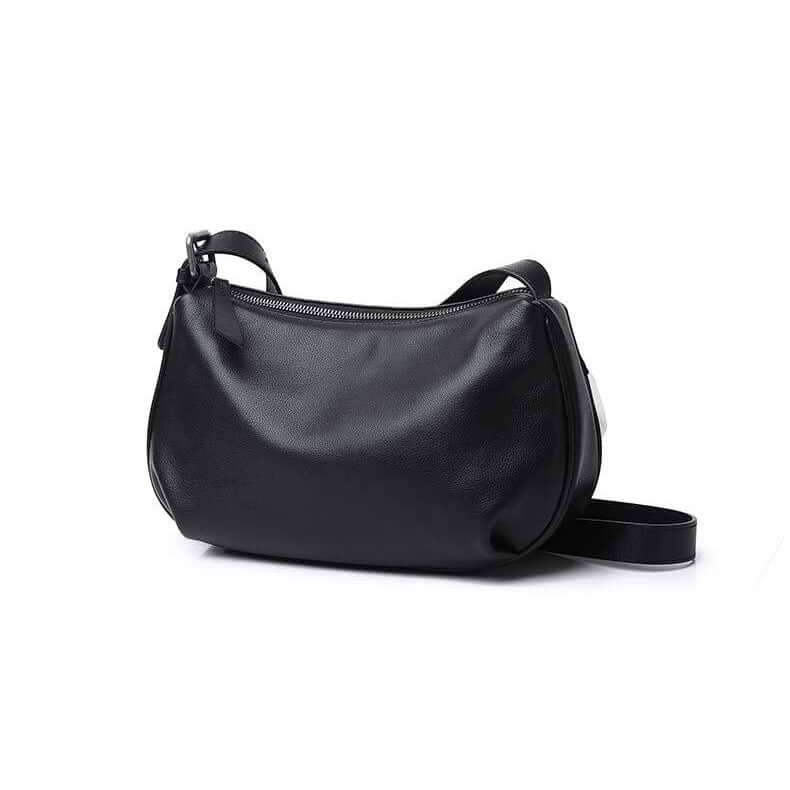 Side view of the black leather shoulder and crossbody bag for women.