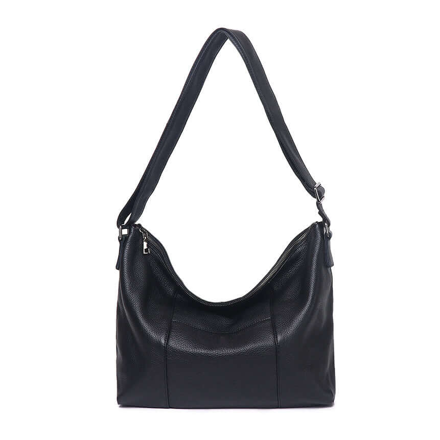 Black leather shoulder bag front view for women.