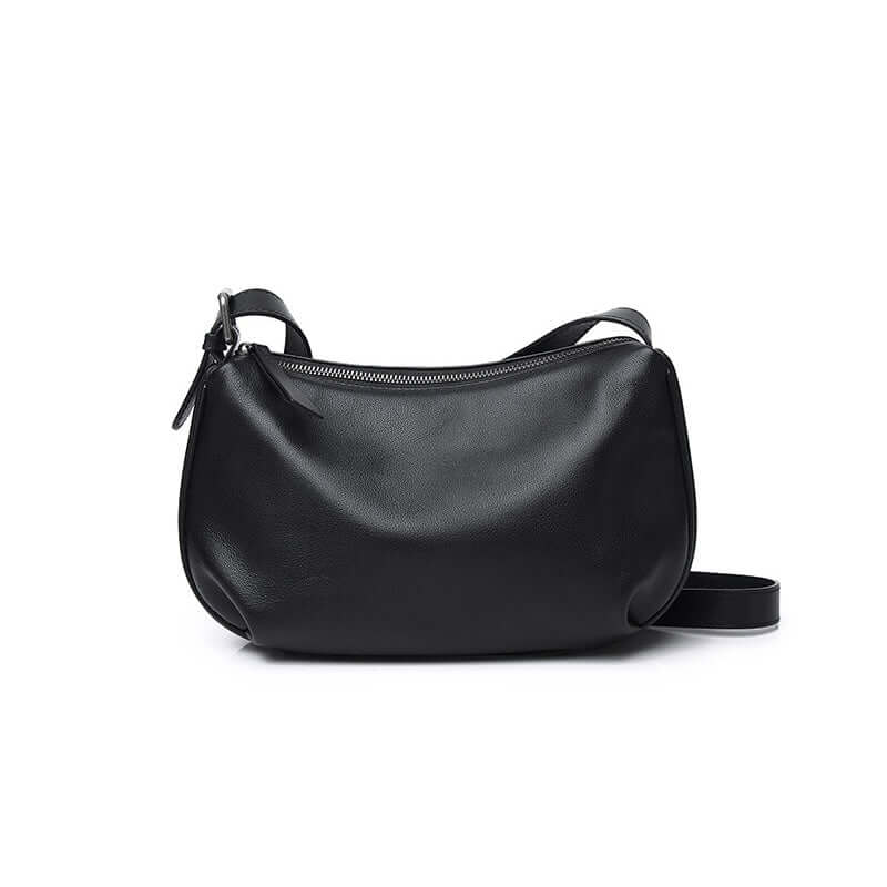 Front view of the black genuine leather shoulder and crossbody bag.