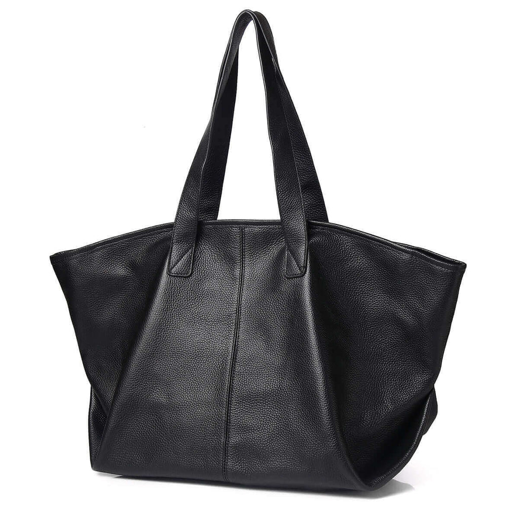 Black leather tote bag front view showcasing its minimalist design