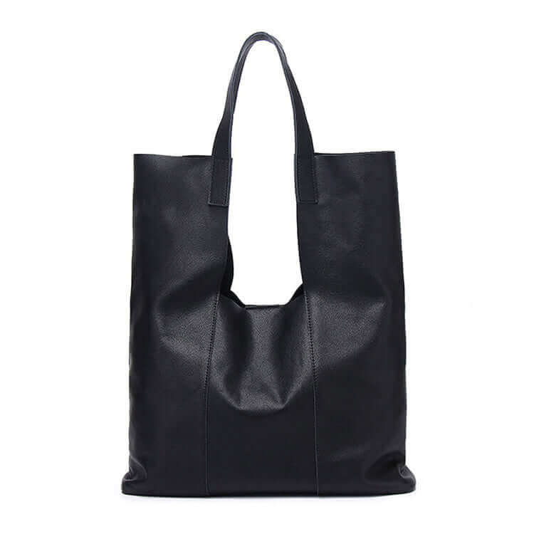 Front view of women's black leather tote bag in NZ