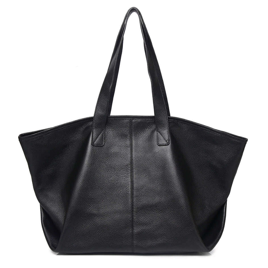 Comfortable shoulder straps of the black leather tote bag for easy carrying