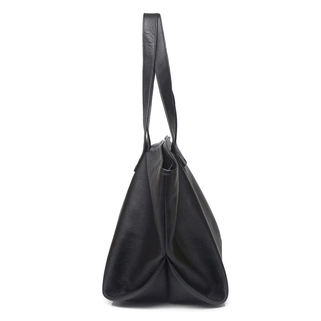 Side view of a black leather tote bag with soft genuine leather material