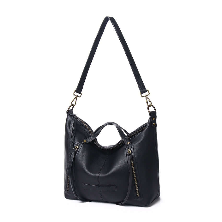Front view of black genuine leather tote shoulder bag