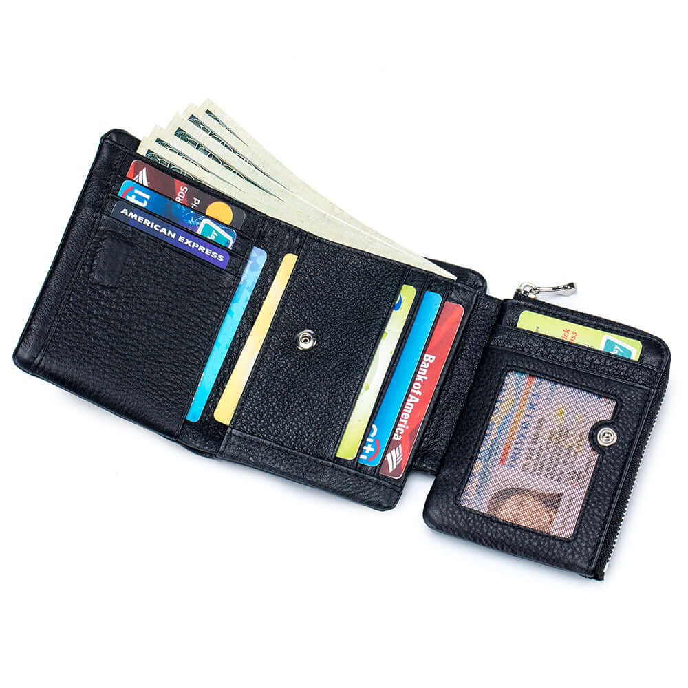 Black leather wallet with ID window