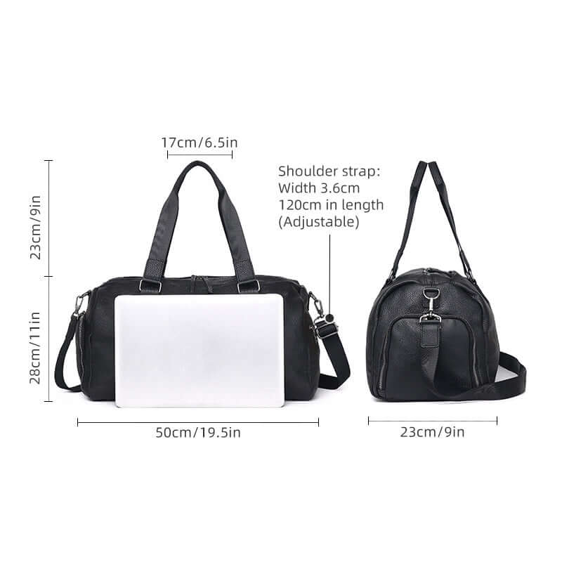 Measurement chart of the black leather weekender duffle bag
