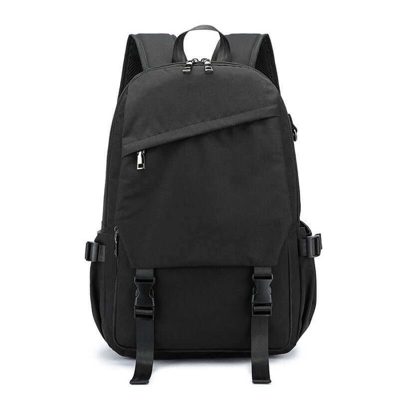 Front view of black waterproof laptop backpack for travel and work
