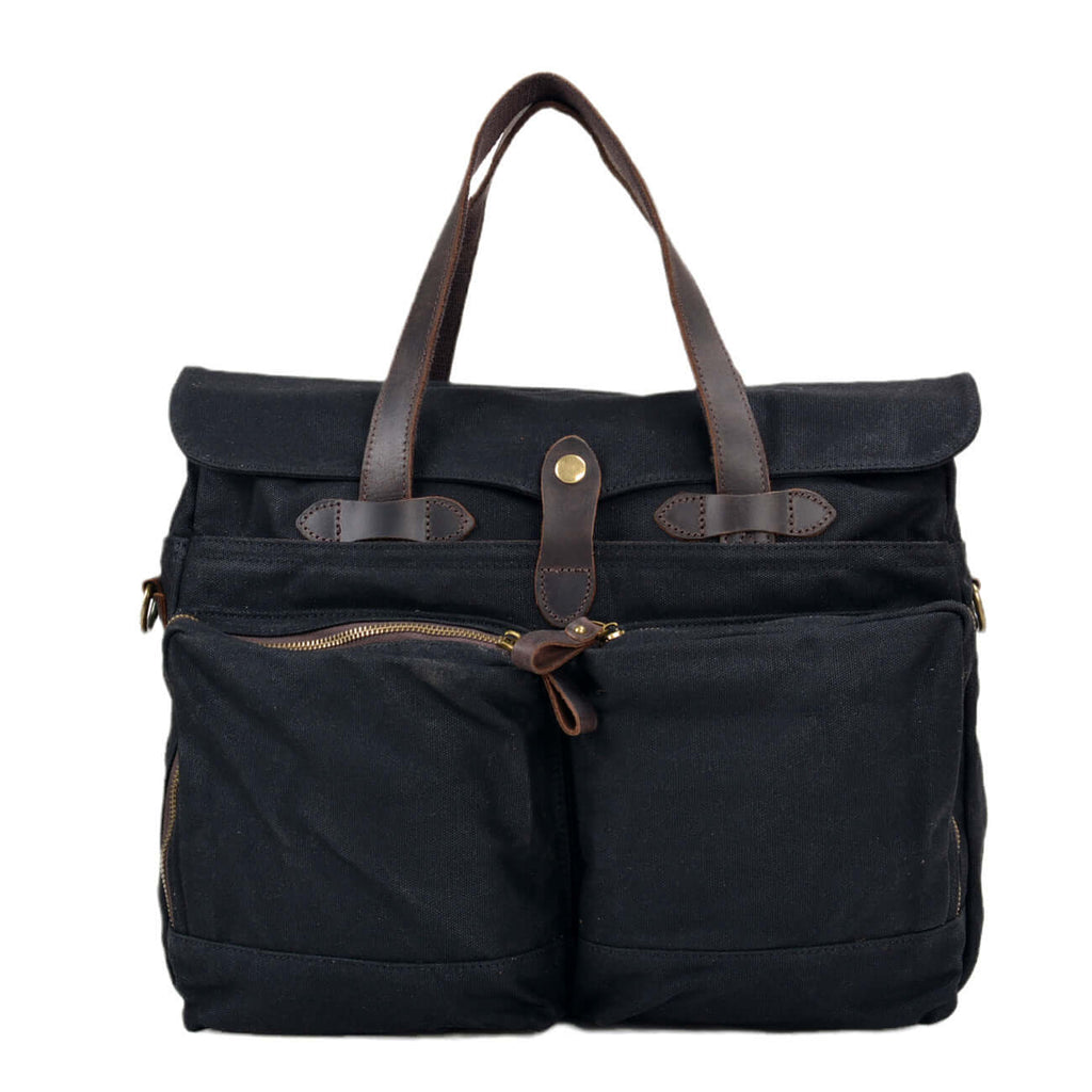 Front view of black waxed canvas laptop briefcase with leather handles