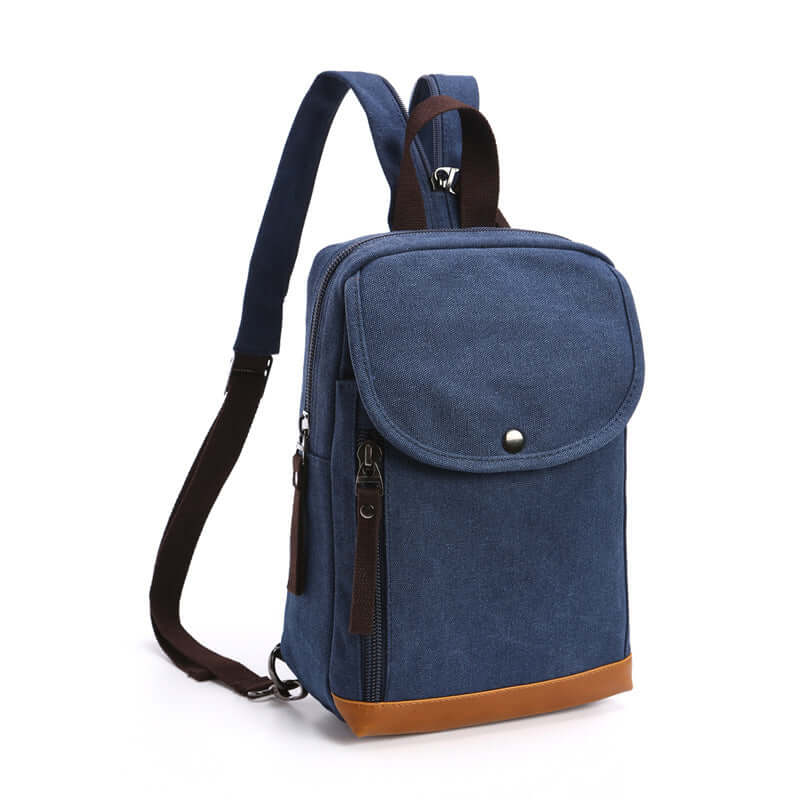 Compact crossbody bag in blue canvas with flap pocket