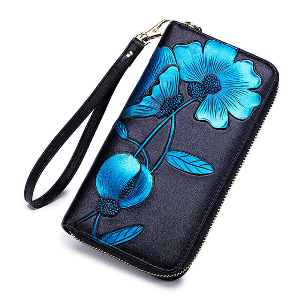 Blue leather long wallet with embossed flowers and RFID-blocking protection.