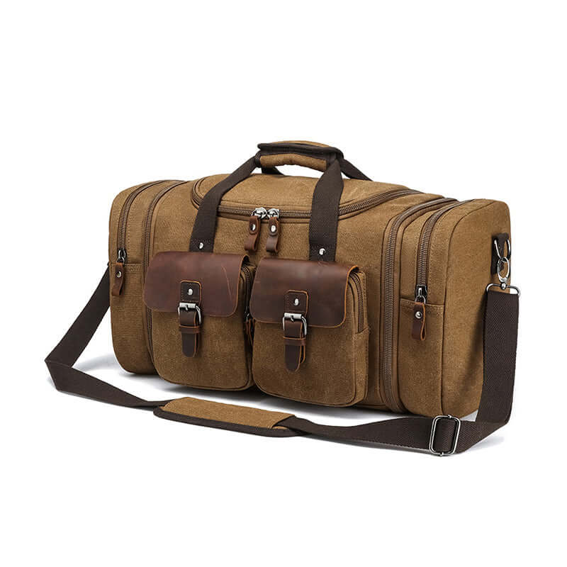 Brown travel bag made of canvas and crazy horse leather