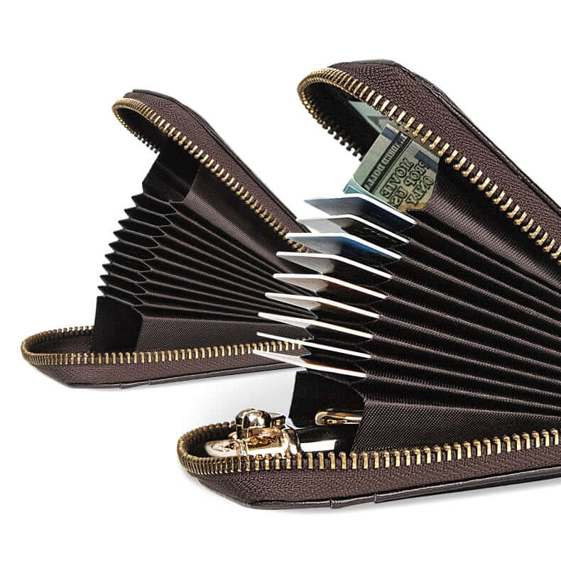 Side view showing open accordion-style card slots in wallet