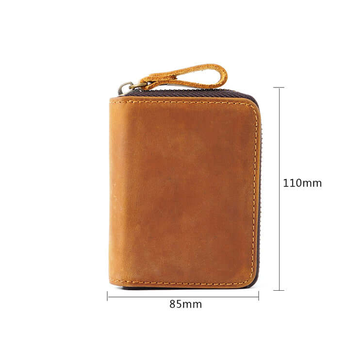 Close-up of stitching on brown leather card holder
