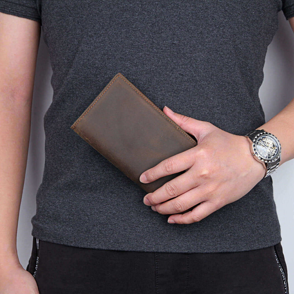 Front view of vintage Crazy Horse leather long wallet.