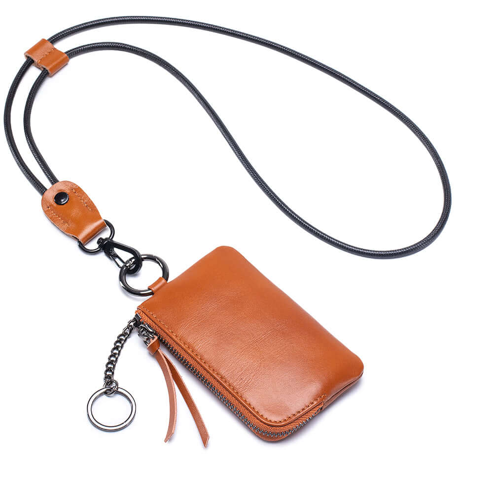 Brown genuine leather mini wallet with key ring
