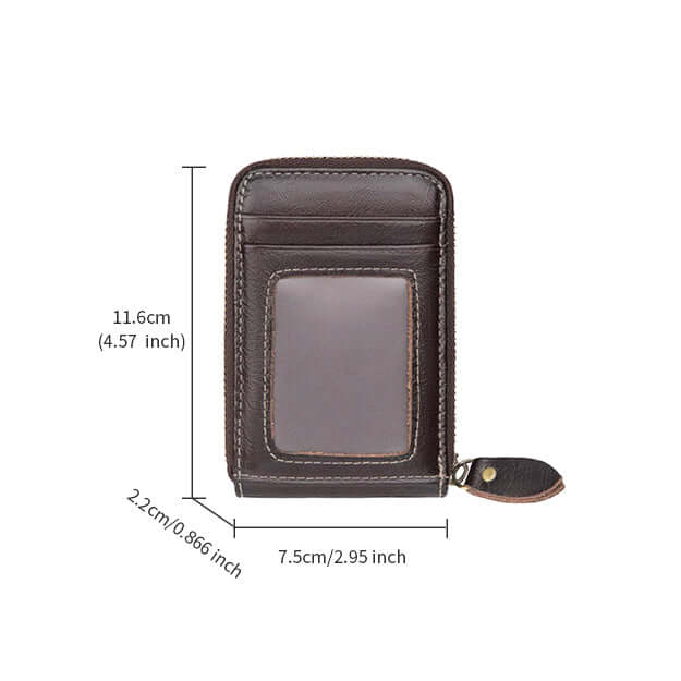 Angled view of compact leather card holder with zipper