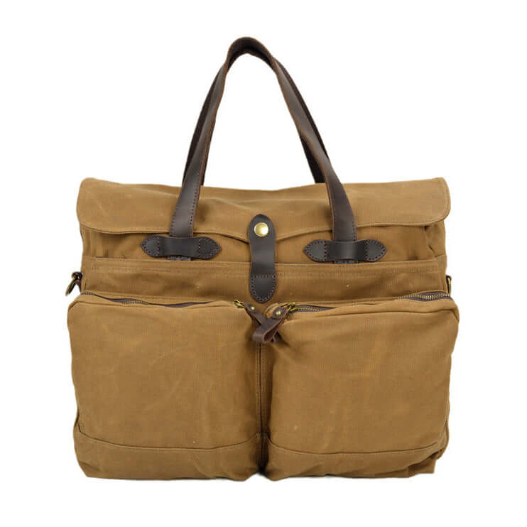Front view of khaki canvas laptop briefcase with dual pockets
