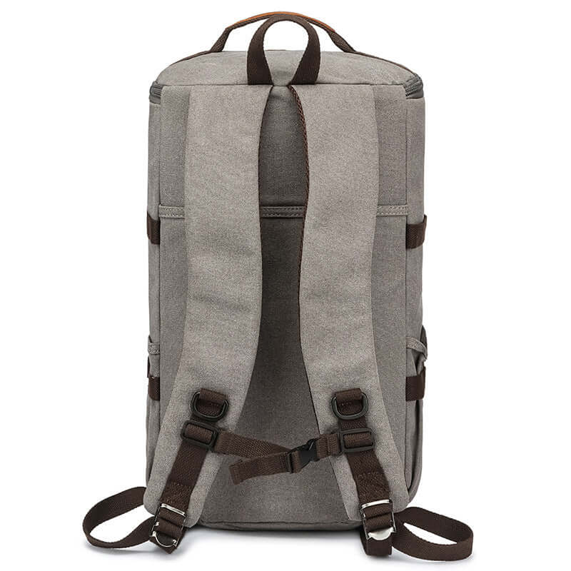 Back panel of large unisex canvas travel backpack
