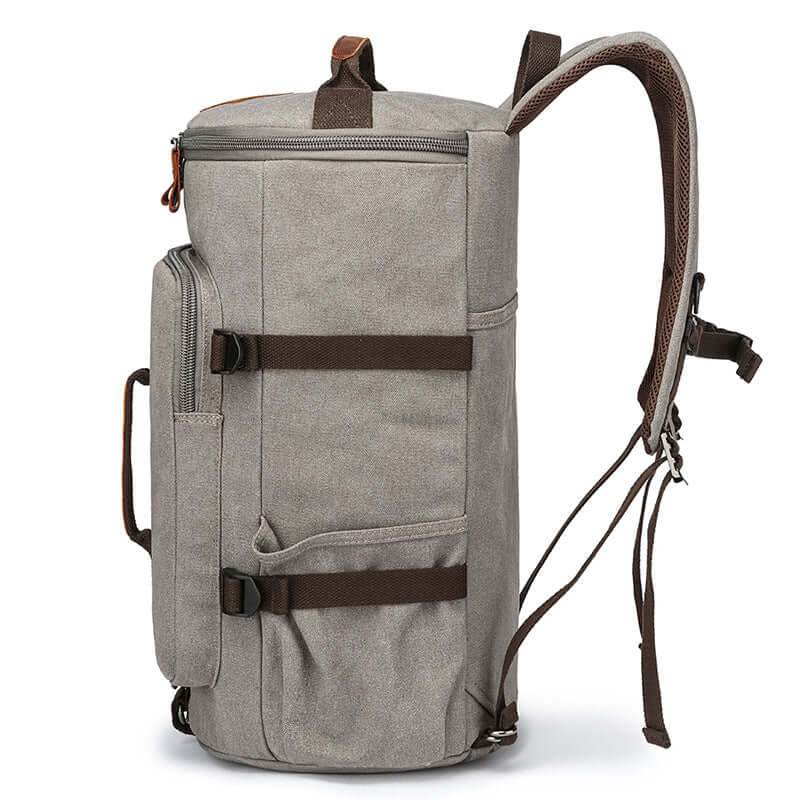 Side profile of convertible travel canvas backpack