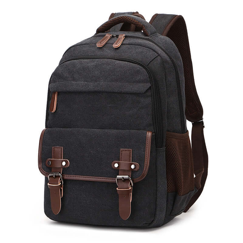 Black canvas backpack with front buckle pocket, unisex style