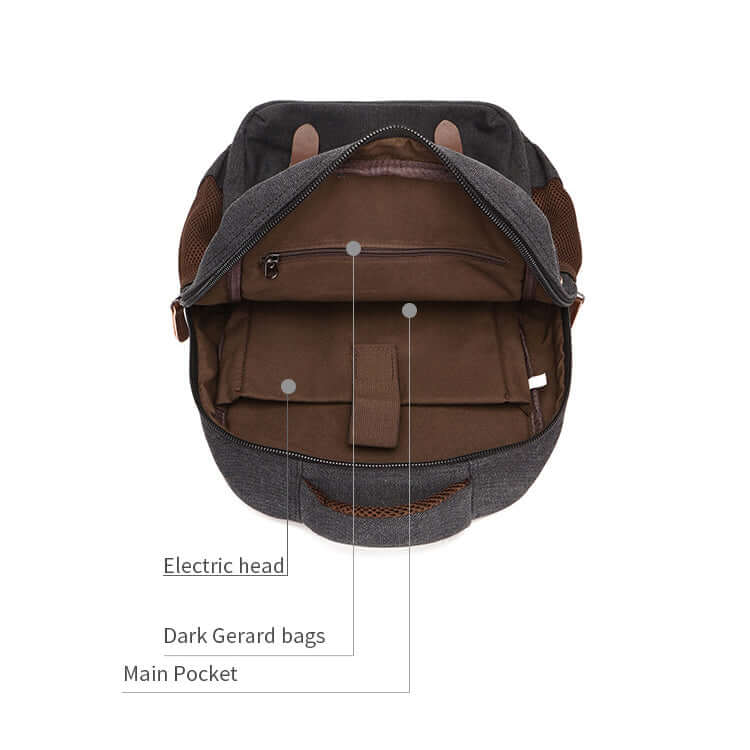 Inside compartments of black canvas backpack with laptop sleeve