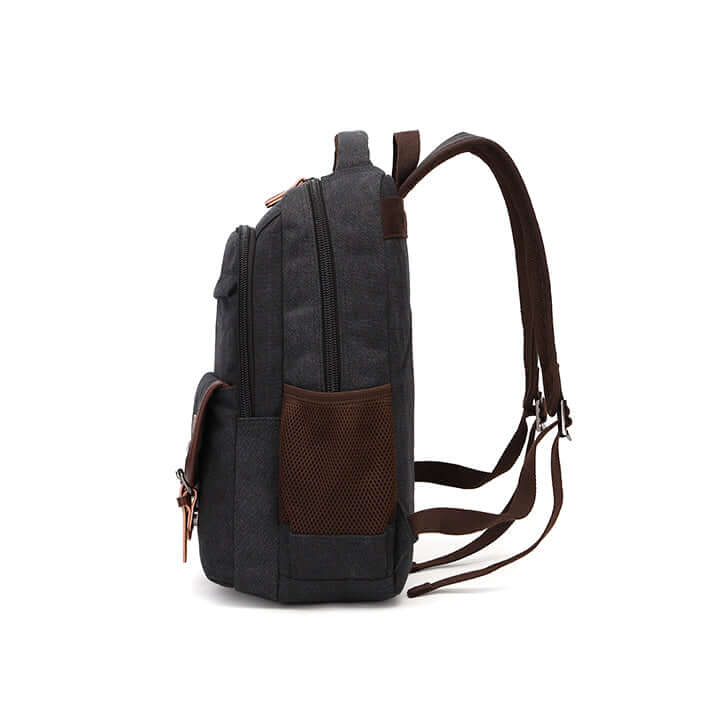 Side view of black backpack with side mesh pocket