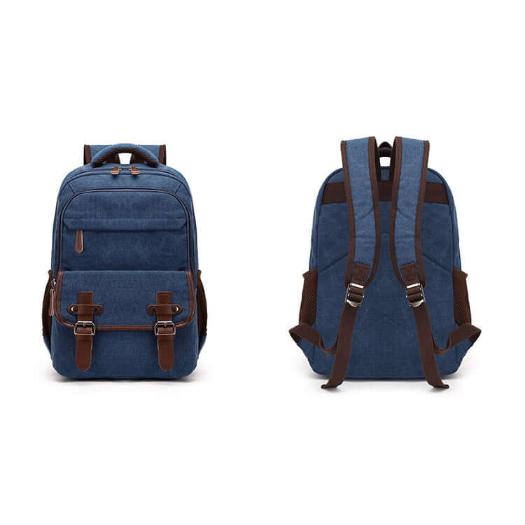 Blue canvas bag with ergonomic straps and side pocket