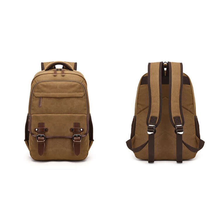 Coffee canvas backpack showing leather strap and detail