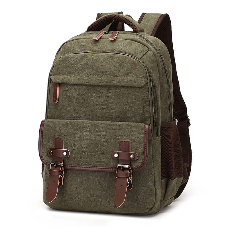 Green canvas backpack with multi-compartment storage