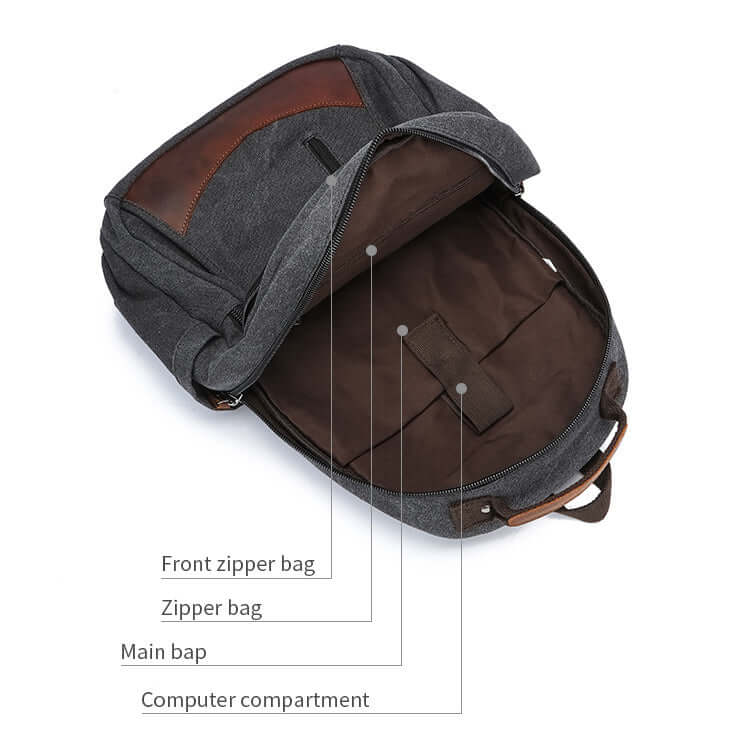 Interior of canvas laptop backpack with padded laptop compartment