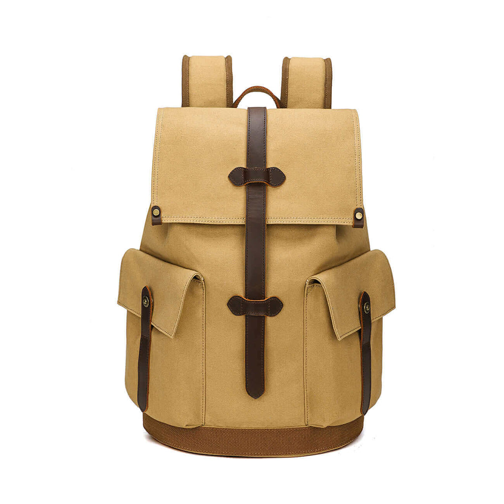 Canvas backpack for men in brown, front view showing multiple pockets and leather straps.