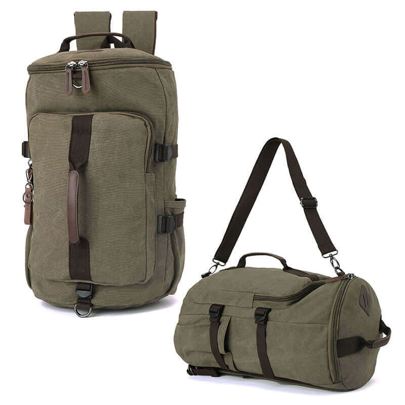 Canvas backpack featuring PU leather trim for a stylish and rugged look.