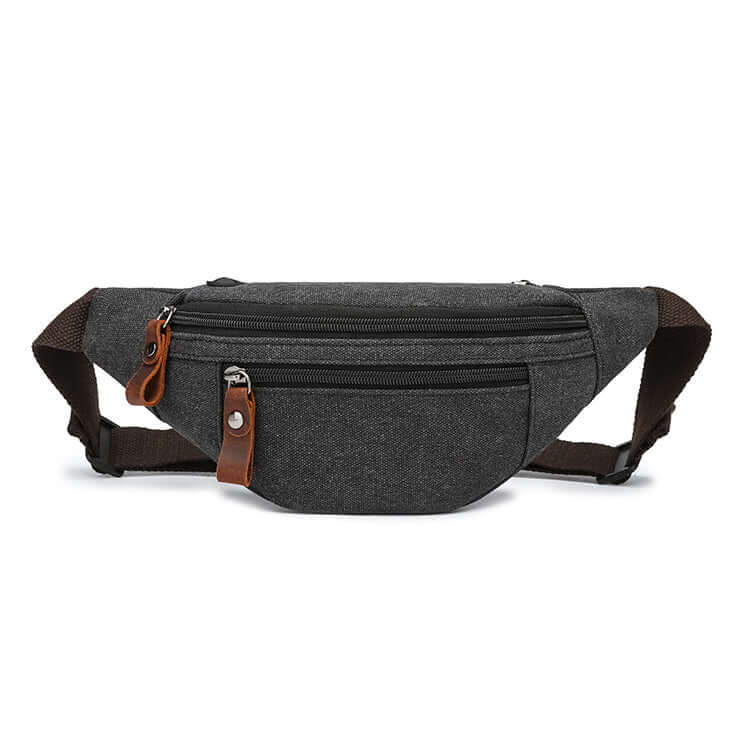 Black canvas bum bag front view with double zipper design