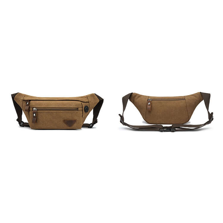 Stylish grey canvas bum bag worn by man