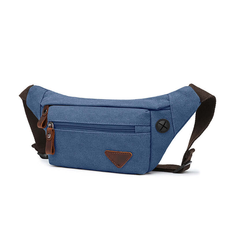 Close-up of leather detail on canvas bum bag
