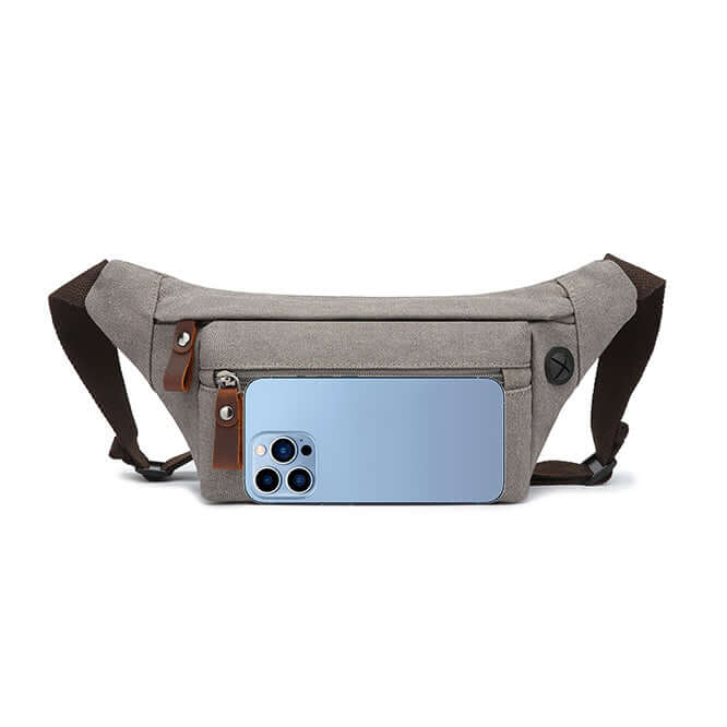 Canvas bum bag with built-in headphone cable hole