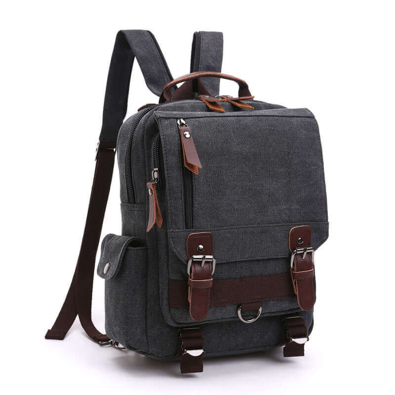 Canvas chest bag featuring multiple pockets for convenient storage.