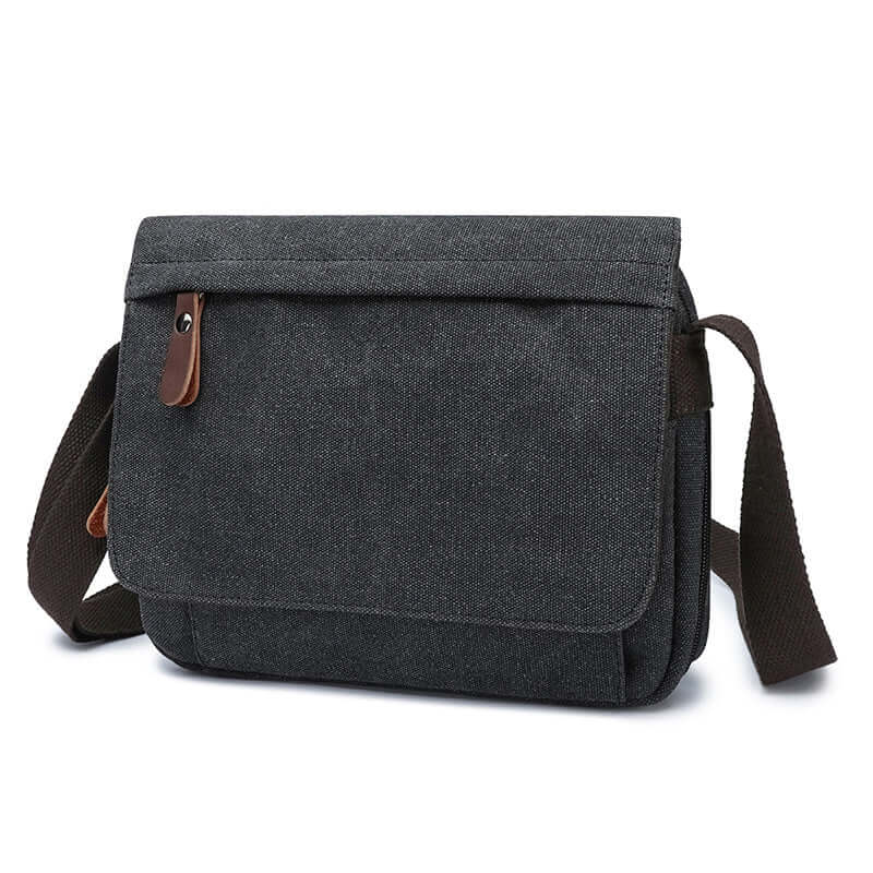 Black canvas crossbody shoulder bag front view