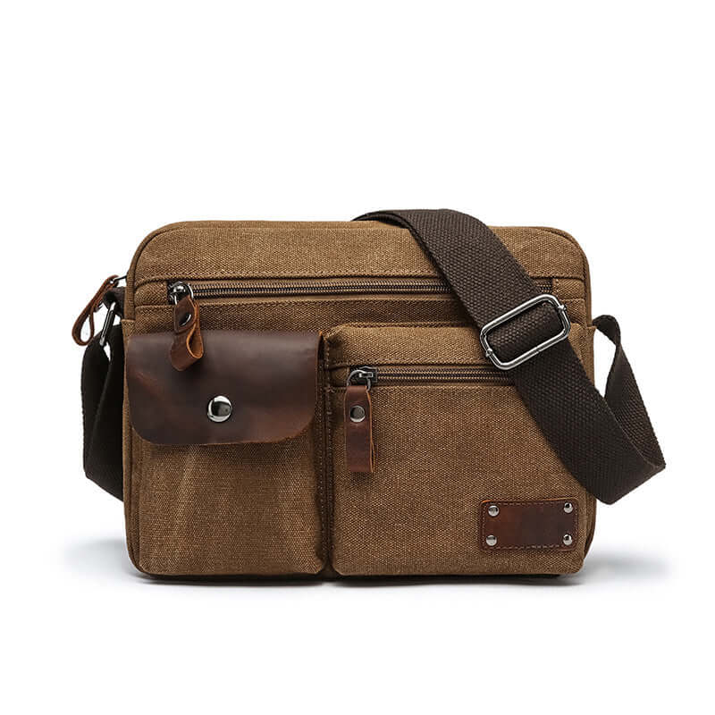 Coffee brown vintage canvas crossbody bag with front pockets