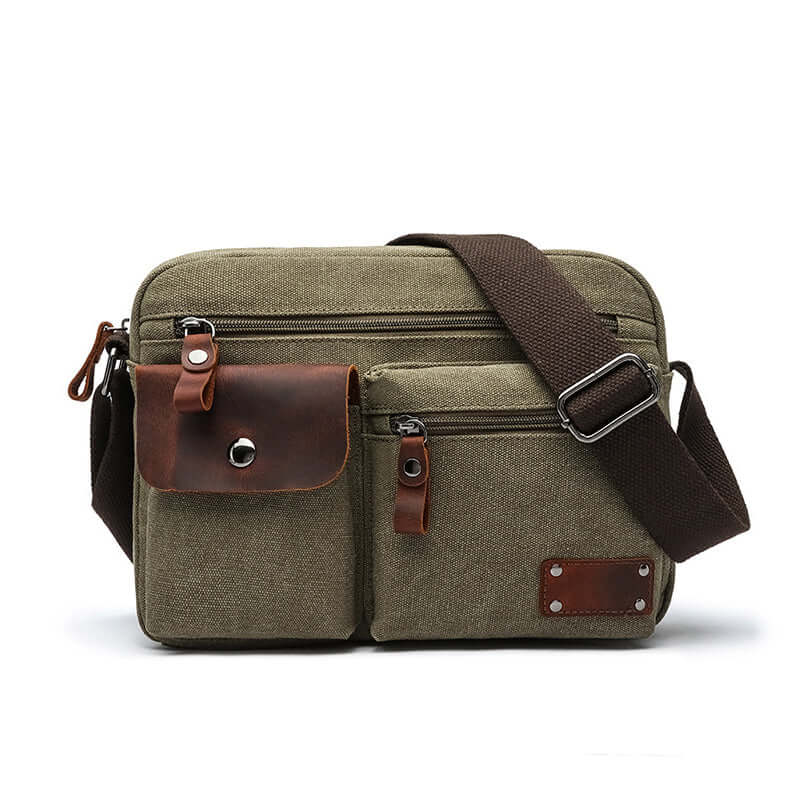 Green unisex canvas shoulder bag with leather flap