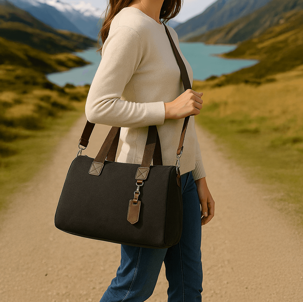 Canvas crossbody tote for women featuring multiple compartments for better organization.