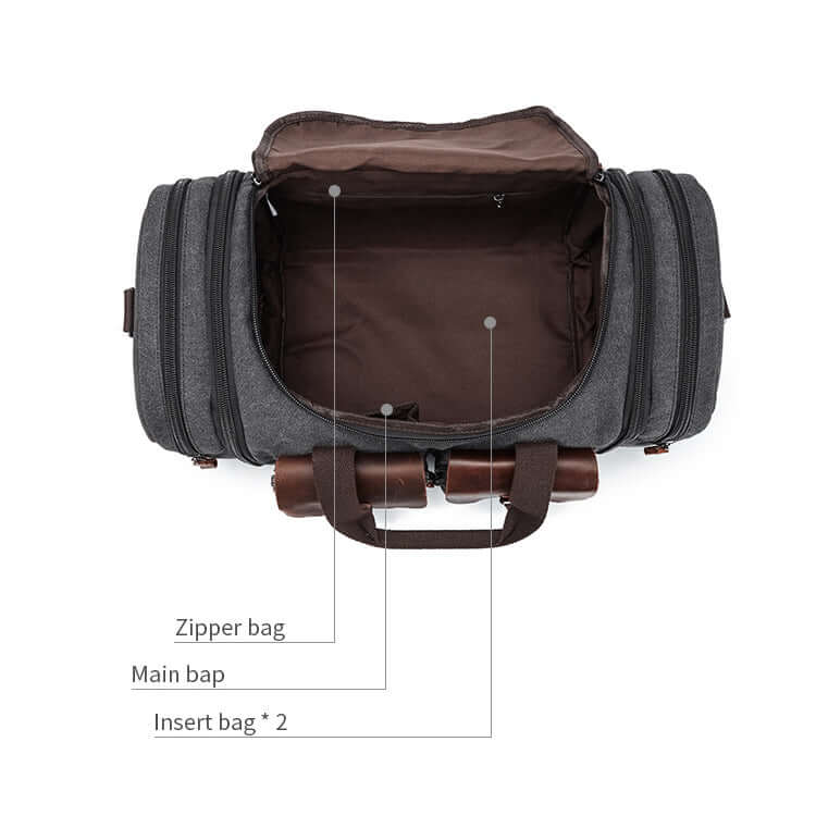Spacious main compartment of travel duffel with zipper and insert bags