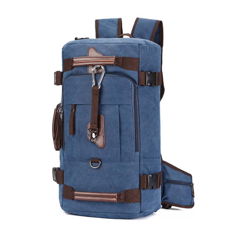 Versatile canvas backpack and duffle bag for outdoor adventures, featuring side zipper opening and multiple compartments.