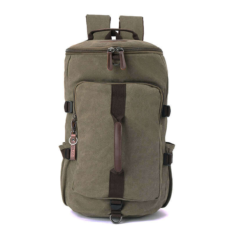 Canvas duffle bag designed to accommodate a 17-inch laptop.